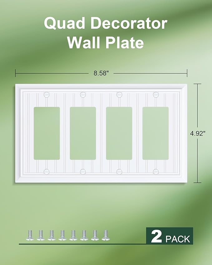 2-Pack Classic Beadboard Quad Decorator Wall Switch Cover, Pure White Decorative Switch Plates and Outlet Covers, Natural Bamboo Fiber 4 Gang Wall Plate for Electrical Outlets, Receptacle, GFCI Outlet