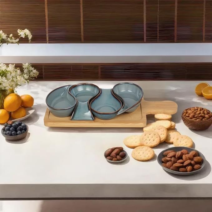 5-pc Porcelain Mini dip bowls for parties, Condiment serving tray, Mini Serving dishes for Olives, Nuts, Toppings; Ideal gift set for any occasion