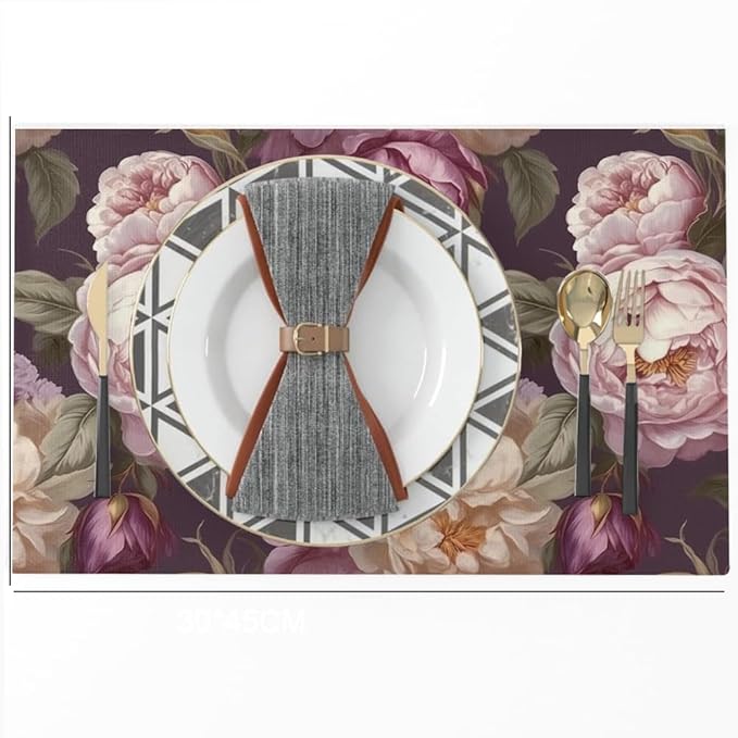 12"x18" Purple Pink White Peony Flowers Placemats Set of 4 Washable Thick Place Mats Kitchen Table Mats Decorative Linen Fabric Table Mat for Dining Table Kitchen Home Decor