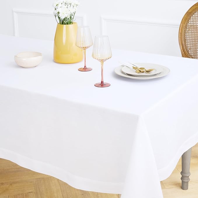 Solino Home Linen White Tablecloth 60 x 90 Inch - 100% Pure Linen Rectangular Tablecloth - Machine Washable Table Cloth for Winter, Valentines, Spring, Easter - Fete