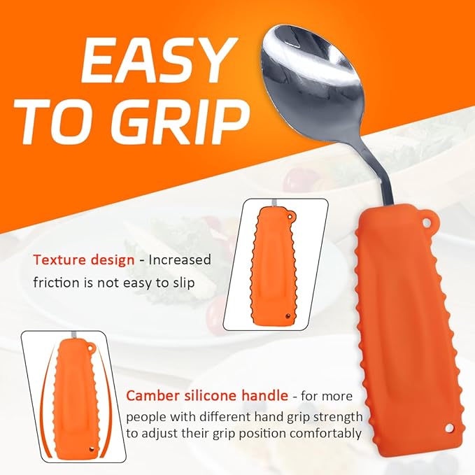 Adaptive Weighted Silverware Utensils Angled Spoon for Hand Tremors Parkinsons,Weighted Utensils with Non-Slip Easy Grip Handles for Independent Eating(Right Hand,Orange,Pack of 1)