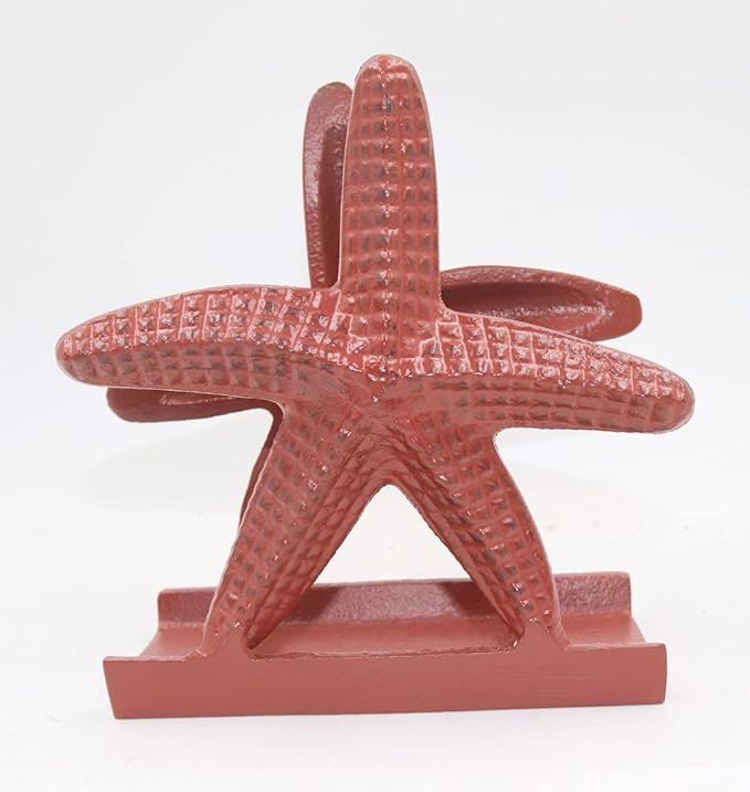 Nautical Starfish Lunch Dinner Metal Napkin Holder Kitchen Beverage Cocktail Ocean Coastal Napkin Holder By The Metal Magician (Distressed Red)