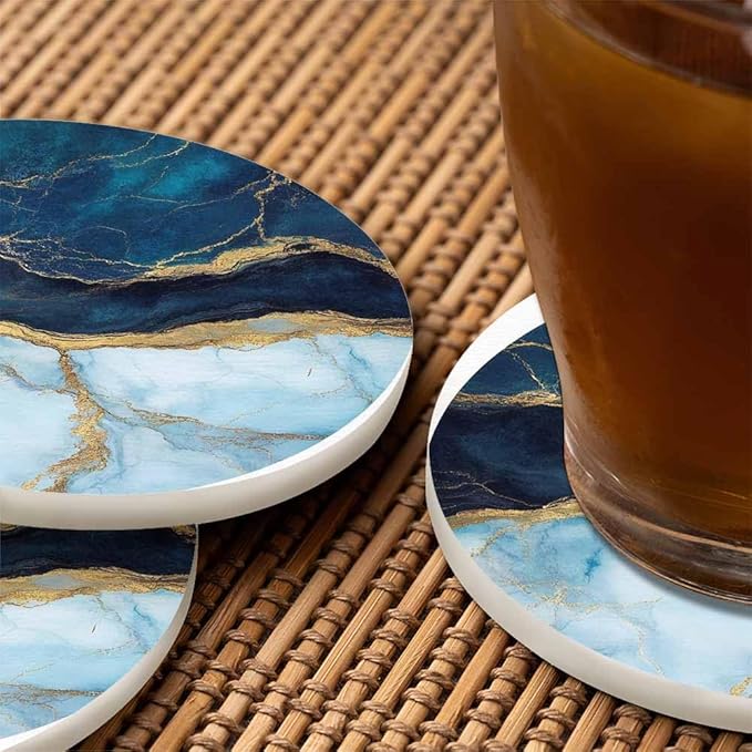 Blue Marble Cup Coasters Set of 2 Fake Stone Liquid Texture Abstract Background Wooden Table Apartment Decor 100% Diatomite for Drinking Glasses,4 Inches