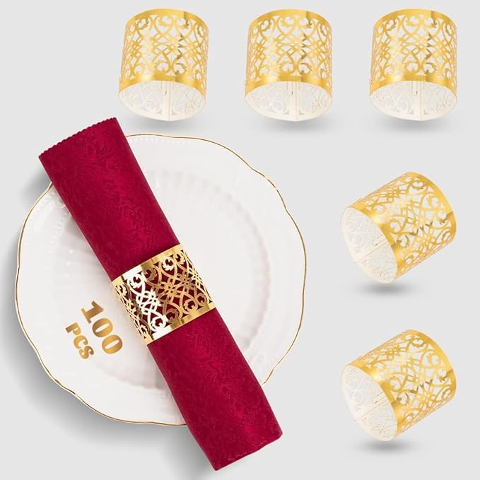 100 Pcs Napkin Rings Laser Cut Premium Paper Napkin Holder for Wedding Party Christmas Dinner Serviette Table Restaurant Celebration (Gold)