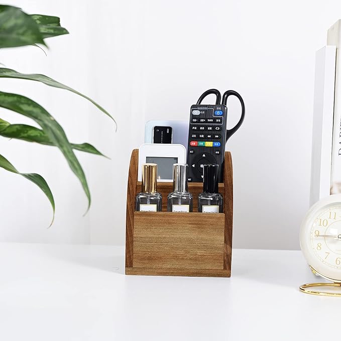 BONNY DODO Remote Control Holders Organizer Box for Table Small Solid Wooden Desk Farmhouse Home Decor Caddy Basket Store Tv Remote for Media Player,Pencil,Glassees&Office Supplies (Brown, S)