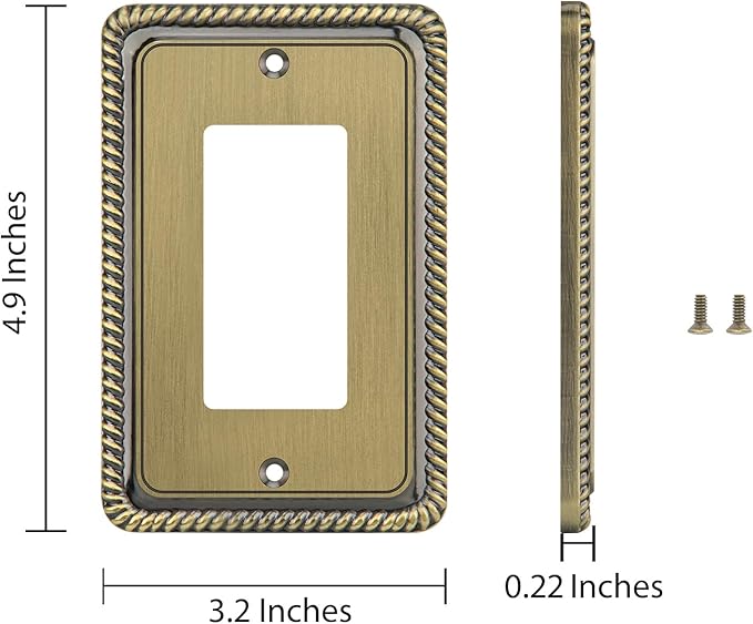 Henne Bery Rope Edge Decorative Wall Plate Switch Plate Outlet Cover (Single Decorator, 3 Pack, Antique Brass)