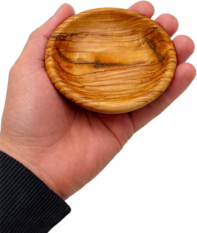 Zuluf Olive Wood Small Serving Bowl Plate Made in Bethlehem - Very Small 3.7 Inch Handcrafted Wooden Dish for Food Display, Snacks, Nuts, Dips, Appetizers & Rustic Kitchen Decor