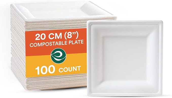 ECO SOUL Compostable Paper Plates 8 Inch (100 Count) Heavy Duty Disposable Plates For dinner & Parties| Eco-Friendly Sugarcane Bagasse Plates.