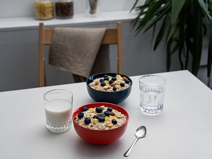 KooK Soup Bowls, Cereal Bowl, Ceramic, Bowls for Kitchen, Microwave, Dishwasher and Freezer Safe, Porcelain Dishes for Pasta, Salad, Oatmeal, Deep Interior, 20 oz, Set of 6, (Navy)