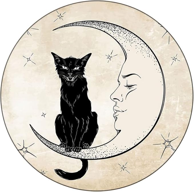 Round Tablecloth, Moon Tablecloth for Side Table, Black Cat Sitting on White Crescent Moon, Fit Round Tables 32inch Diameter, for Outdoor Indoor Use, Sand Brown Black