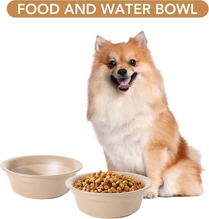 Ceramic 5.5inch Set of 2 Dog and Cat Bowls, 2pcs Basic 1 Cup Food or 9.5 oz Water Dishes for Puppy, Kitty, Wide Opening Rounded Edge (2 Bowls, Oat Beige)