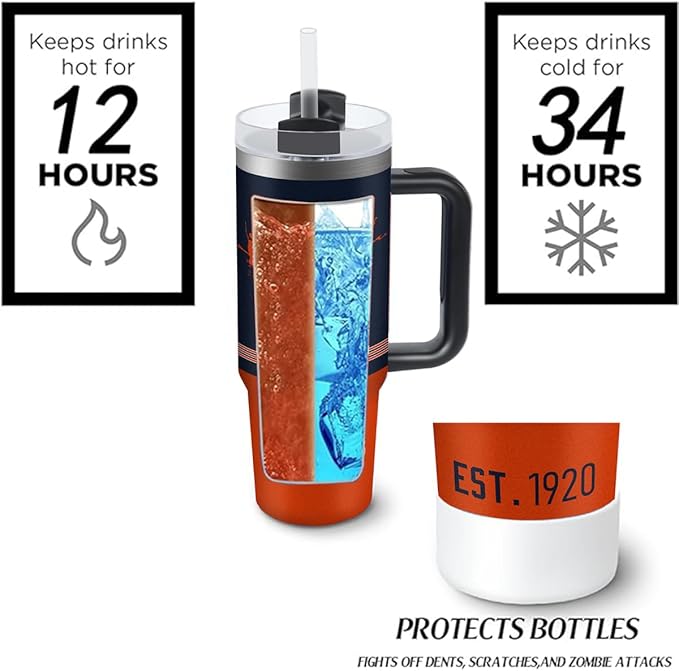 Chicago 30 oz Tumbler with Handle and Straw,Car cup,Coffee Mug,100% Leakproof Insulated Tumbler with Lid and Straw,Made of Stainless Steel,Cup Holder Friendly Base,Classic Collection Gifts for Fans