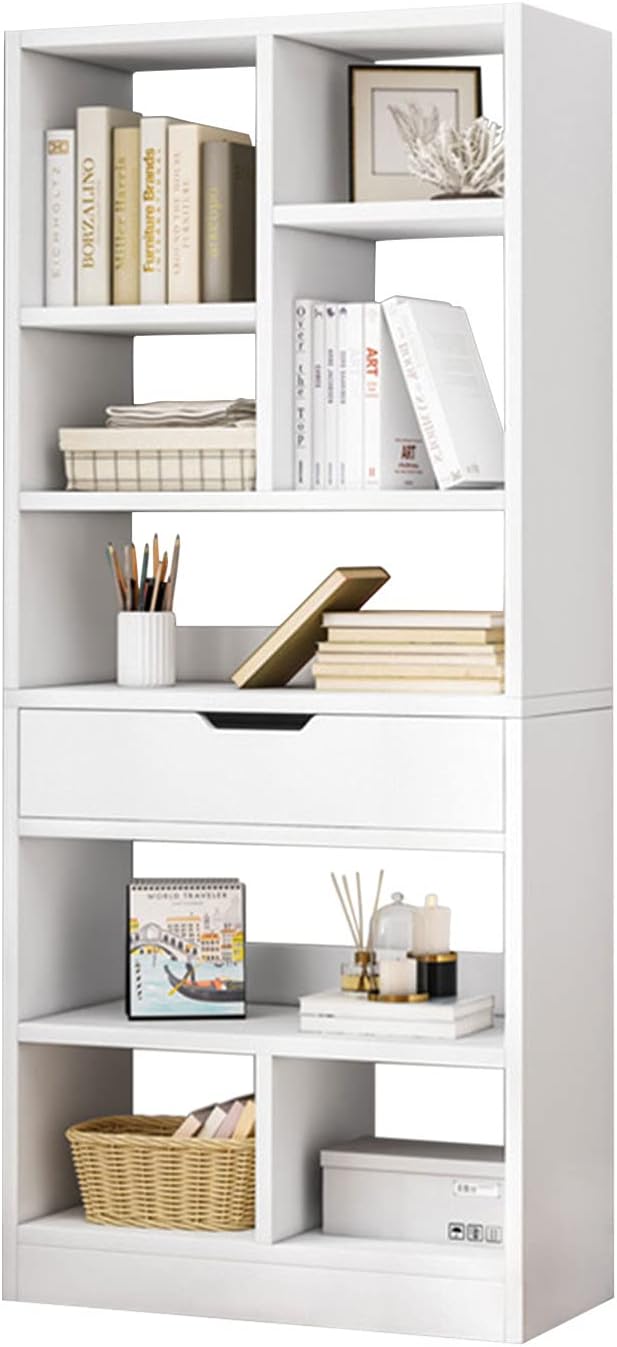 IOTXY Wooden Open Shelf Bookcase - 61" Height Free Standing Display Storage Cabinet Organizer with 8 Cubes and a Drawer, Floorstanding Bookshelf, Warm White