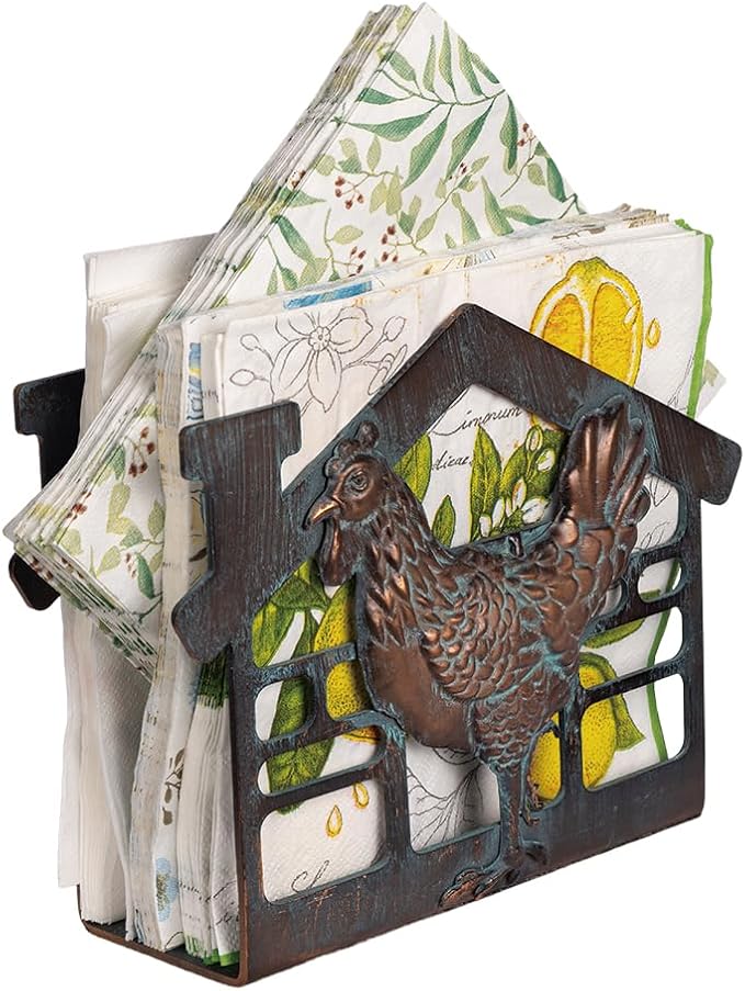 Metal Rooster Napkin Holder for Table,Rustic Farmhouse Napkin Holders for Paper Napkins,Antique Copper Tusse Napkins Stand Tabletop Dispenser with Non-Slip for Kitchen Dining Room Coffee Shop Bar