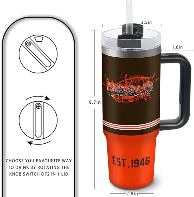 Cleveland 30 oz Tumbler with Handle and Straw,Car cup,Coffee Mug,100% Leakproof Insulated Tumbler with Lid and Straw,Made of Stainless Steel,Cup Holder Friendly Base,Classic Collection Gifts for Fans