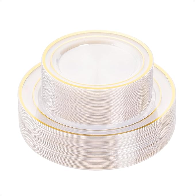 BESTVIP 50PCS Clear Plastic Plate, Disposable Party Plates with 25 Dinner and 25 Dessert Plates, Plastic Plate for Party, Wedding and Birthday