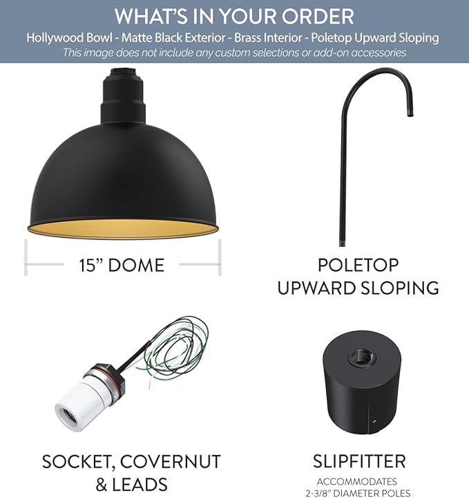 Steel Lighting Co. Hollywood Bowl Light |Pole Top Mounted | 15" Dome | Upslope Gooseneck with Slip Fitter for 2-3/8" Standard Poles | Made in America | Matte Black Exterior/Brass Interior