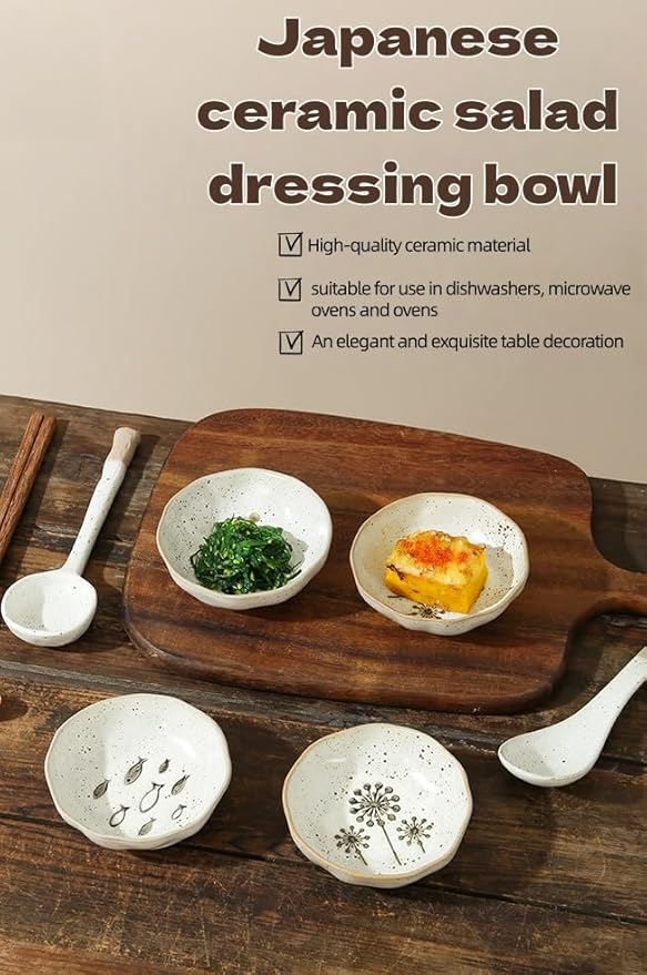 4-Pack Small Ceramic Bowls, （3.5in） Mini Dip Bowls with 2 Fish & 2 Sunflower Designs | Thickened Ramekins for Sauce, Snacks, Ice Cream, Charcuterie | Dishwasher & Oven Safe