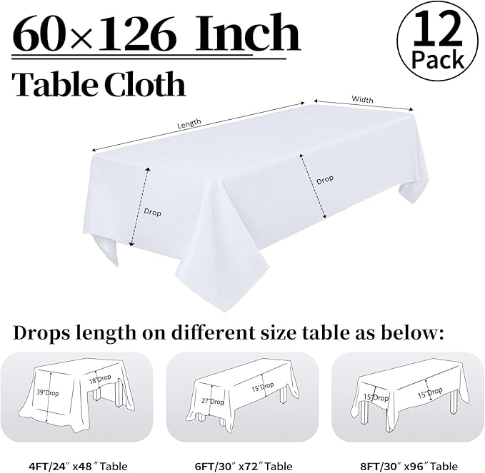 12 Pack White Tablecloth 60 x 126 Inch Rectangular Table Cloth for 8 Foot Rectangle Tables, Wrinkle Resistant Washable Fabric Polyester Table Covers for Wedding Party Banquet Buffet