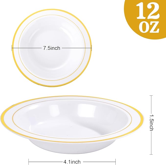 bUCLA 60 Pack Plastic Bowls with Gold Rim - 12 oz Plastic Soup Bowls Disposable for Wedding, Party, Gathering & Thanksgiving