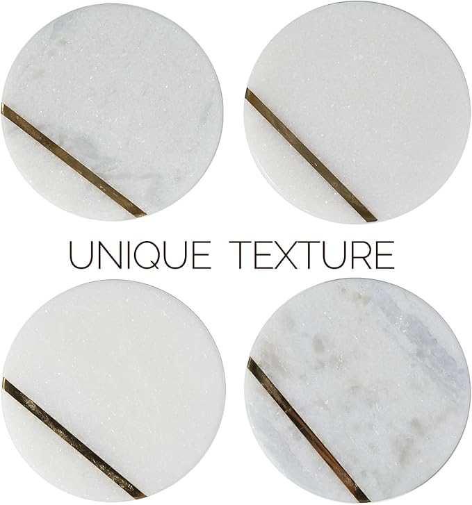Koville Marble Coaster Set of 4, Round Coasters, 4" Stone Coaster for Drinks Coffee, White Marble with Gold Brass Coasters for Coffee Table Home Bar Decor, Heat Resistant, Gift Choice