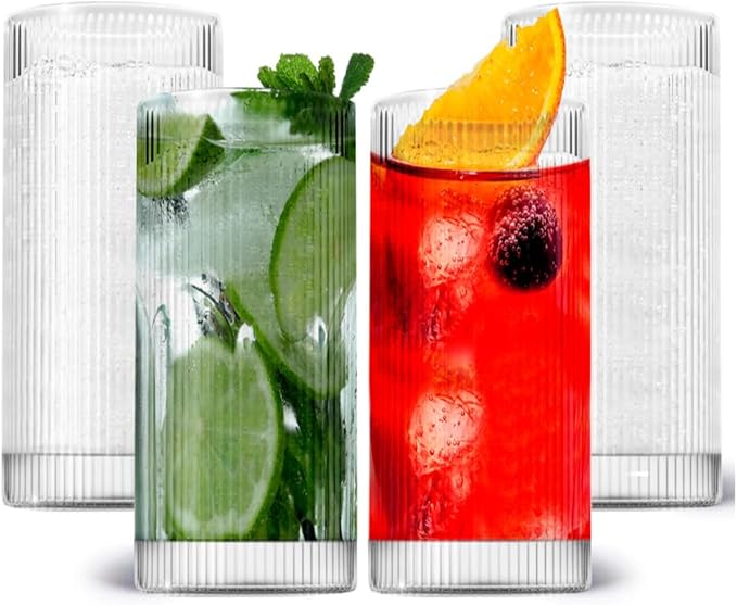 LEMONSODA Vintage Straight Line Highball Cocktail Drinking Glasses and Tumblers 10oz, 12oz (12 oz, Set of 4) [2072]