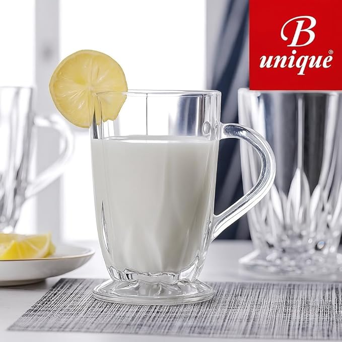 B Unique Clear Drinking Glasses Set of 6 | 285 mL Premium Glass Cups for Water, Juice, Tea & Cold Drinks | Durable, Modern Design, Dishwasher-Safe Drinkware Set