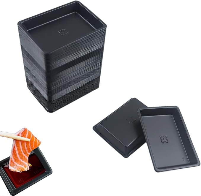 100 pcs Mini 2.95"x2.16" Dipping Sauce Dishes, Plastic Disposable Rectangular Black Soy Sauce Plate Set, Condiment Serving tray, Seasoning Platter, Appetizer Bowel -for Sushi Mustard Vinegar Soy BBQ