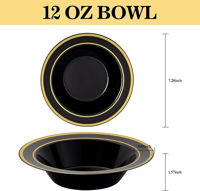 50 Pack Black Disposable Soup Bowls with Gold Rim,12oz Disposable Soup Bowls,Disposable Soup Dessert Salad Bowls for Wedding/Party/Catered Events