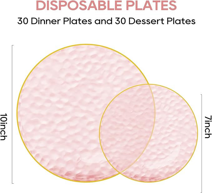 FOCUSLINE 60Pcs Clear Plastic Plates, Pink Disposable Plates with Gold Rim, 30 7" Salad Dessert Plate and 30 10" Dinner Plate Heavy-duty Hammered Plates for Party, Wedding