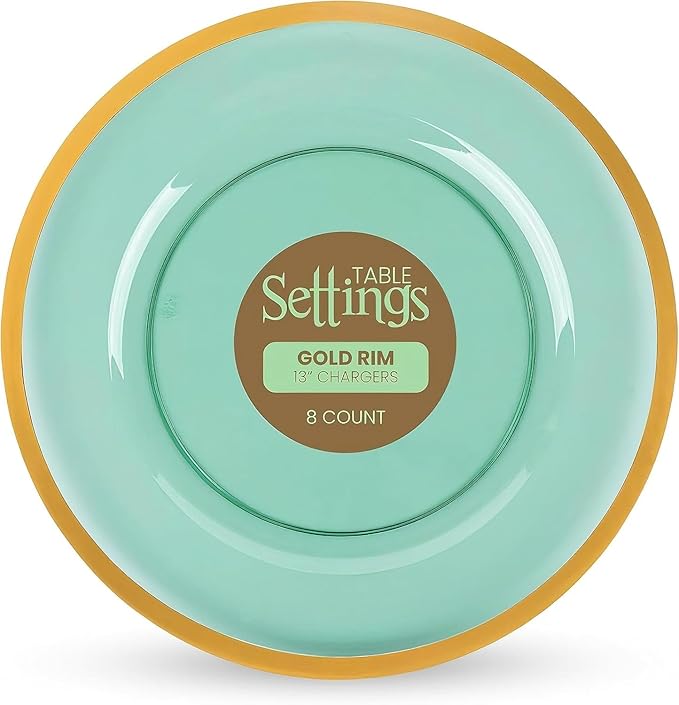 PARTY BARGAINS 13-Inch Charger Plates - 8 Pack, Transparent Green Gold Rim, Heavy-Duty Disposable Chargers for Elegant Dining - Ideal for Weddings and Formal Events