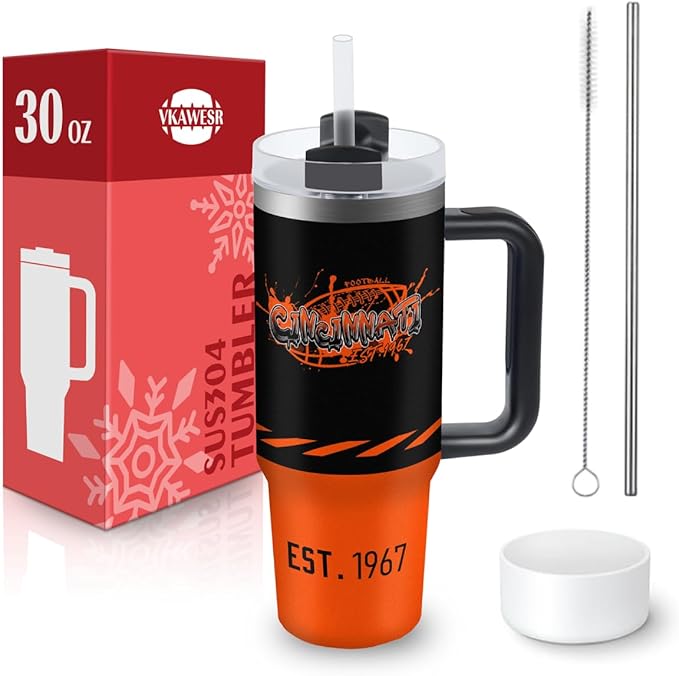 Cincinnati 30 oz Tumbler with Handle and Straw,Car cup,Coffee Mug,100% Leakproof Insulated Tumbler with Lid and Straw,Made of Stainless Steel,Cup Holder Friendly Base,Classic Collection Gifts for Fans