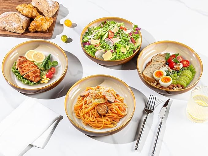 LERATIO 8.5'' Large Ceramic Pasta Bowls, 36oz Pasta Serving Bowls Set of 4 for Kitchen, Wide Bowls for Fruit,Pasta,Salad,Oatmeal,Meal, Microwave Safe, Reactive Glaze-Kahki