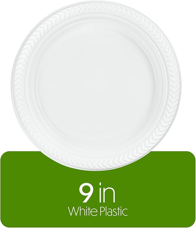 PLASTICPRO 200 PCS White Plastic Round 9 Inch Plastic Plates Premium Quality Light Weight Disposable Plastic Dishes Dinner Plates for Parties Weddings