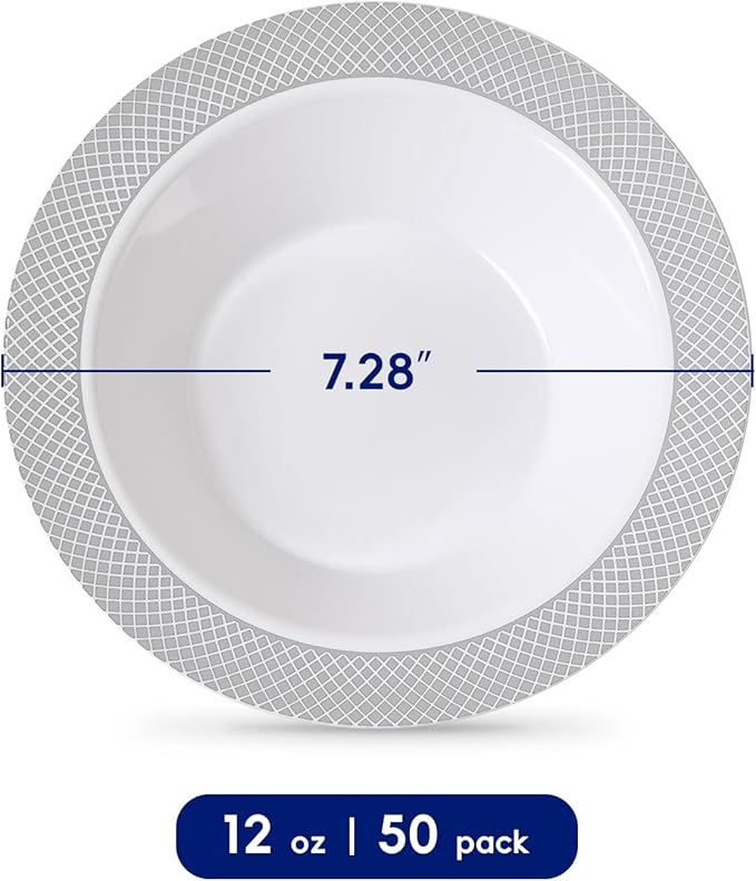 JOLLY CHEF 50 Pack Plastic Bowls with Silver Rim, 12 oz Disposable Soup Bowls, Heavy Duty Plastic Dinner Bowl for Weddings, Party, Dinners, Catering, Christmas and Everyday Use