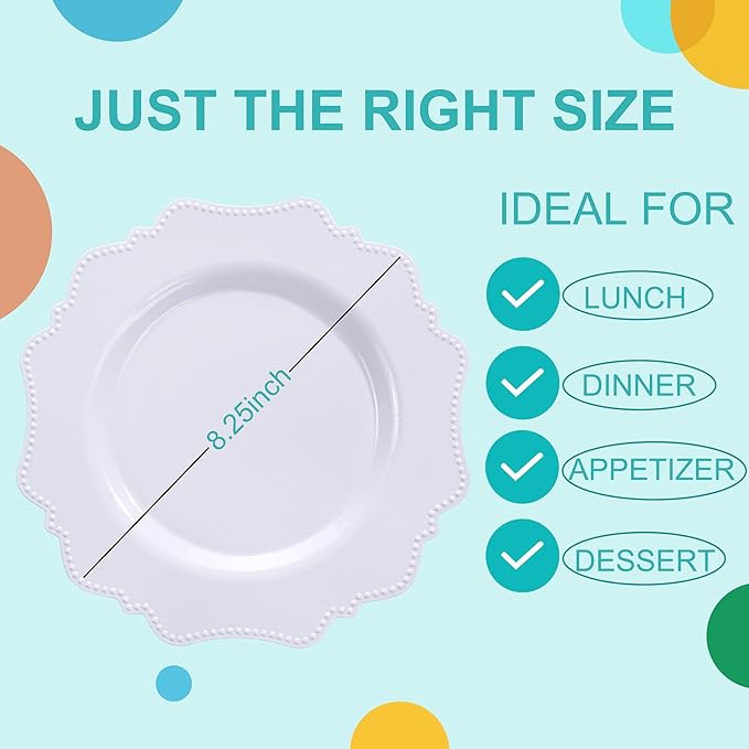 COLOSUS 100pcs 7.5 Inch White Plastic Dessert Plates,Heavy Duty Disposable Appetizer Plates,Premium Plastic Salad Plate,Fancy Disposable Cake Plate for Party, Thanksgiving and Everyday Use