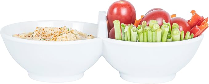 Restaurantware Voga 8.5 Ounce Divided Serving Dishes 10 Round Condiment Serving Dishes - 2 Compartments Serve Appetizers Snacks Dips Or Dressings White Melamine 2 Compartment Dishes