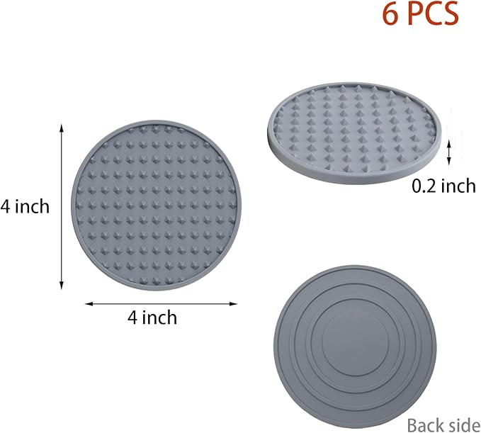 Set of 6 Silicone Coasters, 4'' Drink Coaster with Holder, Round Coasters for Drinks Beer Coffee Home Office Bar Desk Tabletop Protection, Non-Slip Rubber Coaster (Grey, 6 Pcs-Plastic Holder)