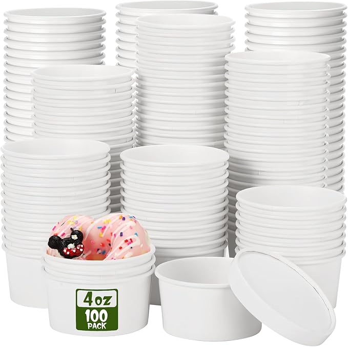 Fulmoon 100 Pack Paper Soup Containers with Lids Disposable Paper Food Containers with Vented Lid Kraft Ice Cream Cake Dessert Cups Soup Bowl for Party Hot Food Fruit Microwave(4 oz,White)