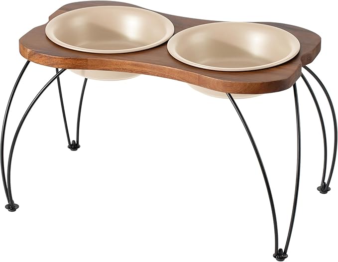 Ceramic 8.7-inch Raised Double-Bowl Set with Non-Slip Stand, 4 Cup Food or 37 oz Water Dishes for Large Dogs, Wide Opening with Rounded Edges(Oat Beige)