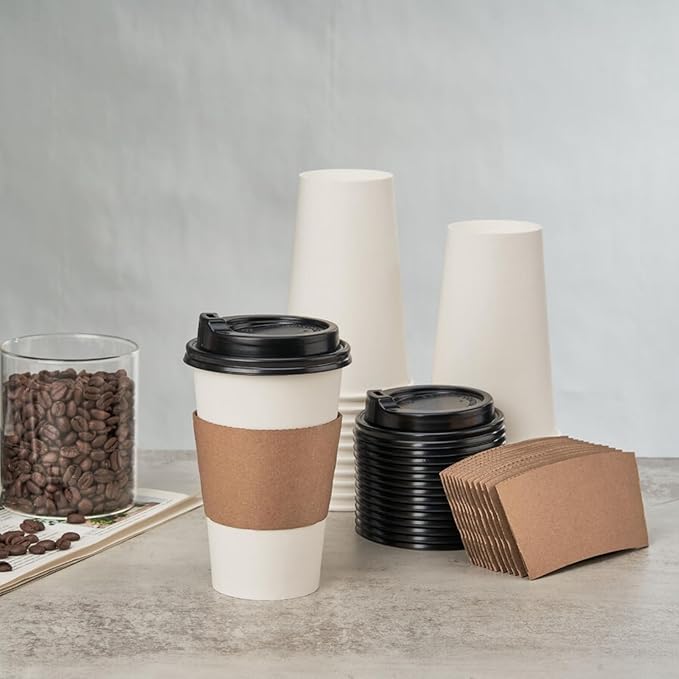 RACETOP 100 Pack Disposable Paper Coffee Cups with Lids & Sleeves, 16 oz, for Party, Church, Travel and Home