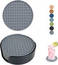 Set of 6 Silicone Coasters, 4'' Drink Coaster with Holder, Round Coasters for Drinks Beer Coffee Home Office Bar Desk Tabletop Protection, Non-Slip Rubber Coaster (Grey, 6 Pcs-Plastic Holder)