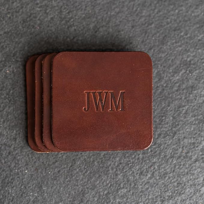 Ox & Pine Personalized Leather Coaster - Sold Individually or in Sets of 4 - Customize Inscription - 100% Full-Grain Leather – 4" Round or 4" Square (Square, Stone Natural, Set of 4 Coasters)