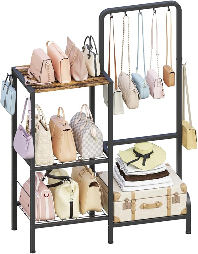 Floor-Standing 3-Tier Purse Organizer, High-Capacity Bag Holder with 8 Hooks, Multi-Functional Purse Rack for Various Bags, Handbag Display Stand Shelf for Closet, Bedroom, Entryway, Black