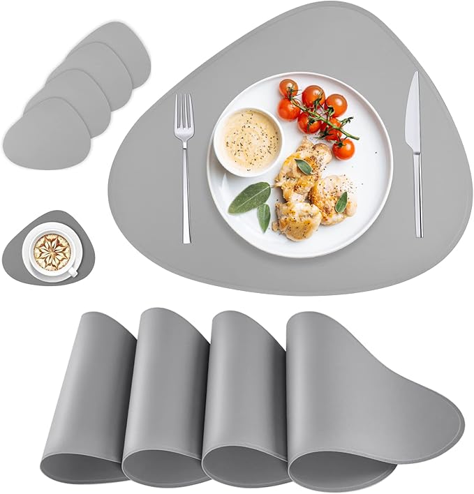 Leather Placemats Set of 4, Oval Faux Leather Placemats for Kitchen Dining Table, Wipeable Washable Dining Table Mats Heat Resistant Modern Placemats for Round Tables (Light Grey)