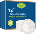 Urban Box Co. 12-Inch 4-Compartment Compostable Plates, Heavy-Duty Eco-Friendly Sugarcane Fiber, Biodegradable & PFAS-Free, BPI-Certified, Compostable Dinner Plates, 400 Pack