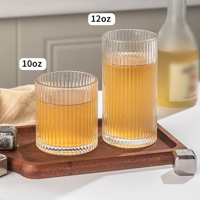 Ribbed Drinking Glasses 4pcs, 12oz and 10oz Glassware, Tumbler Glasses Cup Set for Wedding, Party, Christmas Gift, Clear