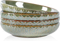 Sureasy Pasta Bowls Set of 4-30oz Large Ceramic Embossed Bowl Plates, 8.5 Inch Wide and Shallow Plate Bowls, Salad Bowl, Microwave, Oven & Dishwasher Safe, Green