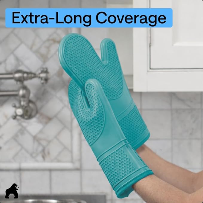 GORILLA GRIP BPA-Free Soft Silicone Oven Mitts, 14.5x8.3, Heat Resistant and Waterproof Cooking Gloves, Thick Cotton Lining, Flexible Gripping for Baking Grilling, Kitchen Potholders Set, Turquoise