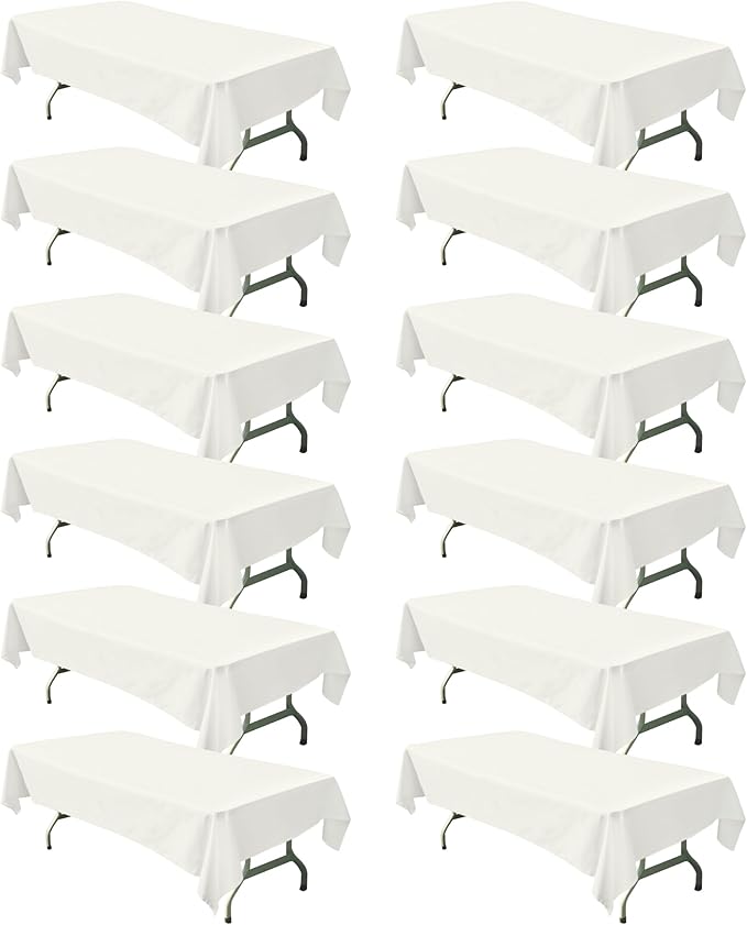 BIGTONE 12 Pack Ivory Rectangle Tablecloth 60 x 102 Inch, Cross Ribbon Packing Reusable Table Clothes for 6 Foot Tables, Wrinkle Resistant Polyester Fabric Table Cover for Wedding, Party, Banquet